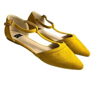 N.Y.L.A. Mustard Yellow Suede Pointed Toe T-Strap Flats EU 36
